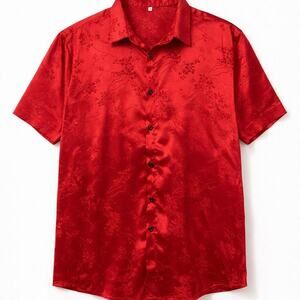 Silky Red Valentine's Day Romantic Jacquard Floral ButtonUp Top Soft Maximalist